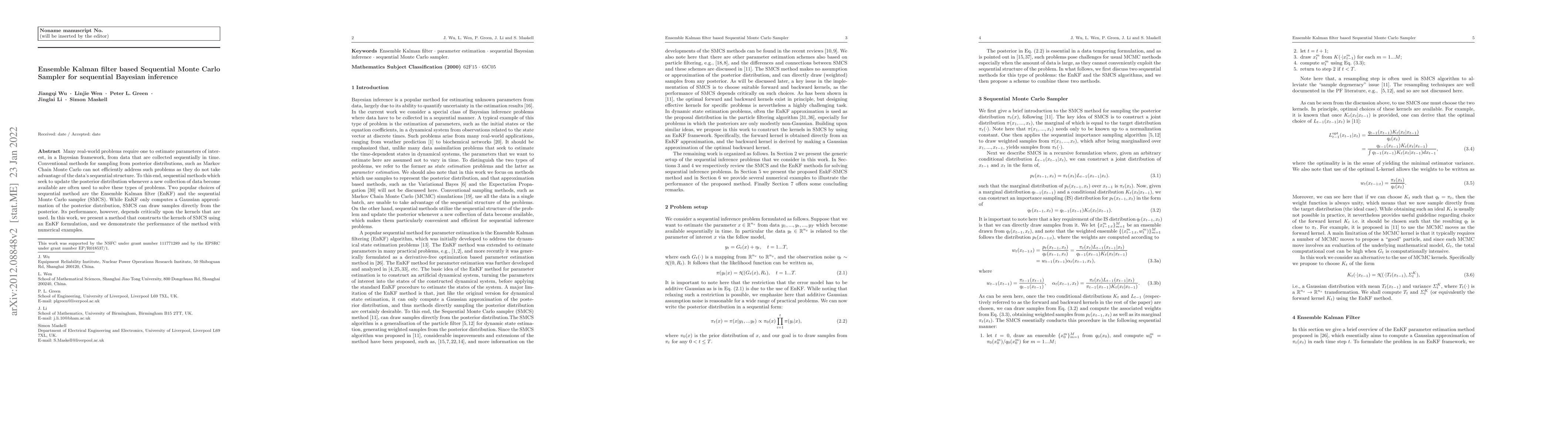 Thumbnail for Ensemble Kalman filter based Sequential Monte Carlo Sampler for
  sequential Bayesian inference