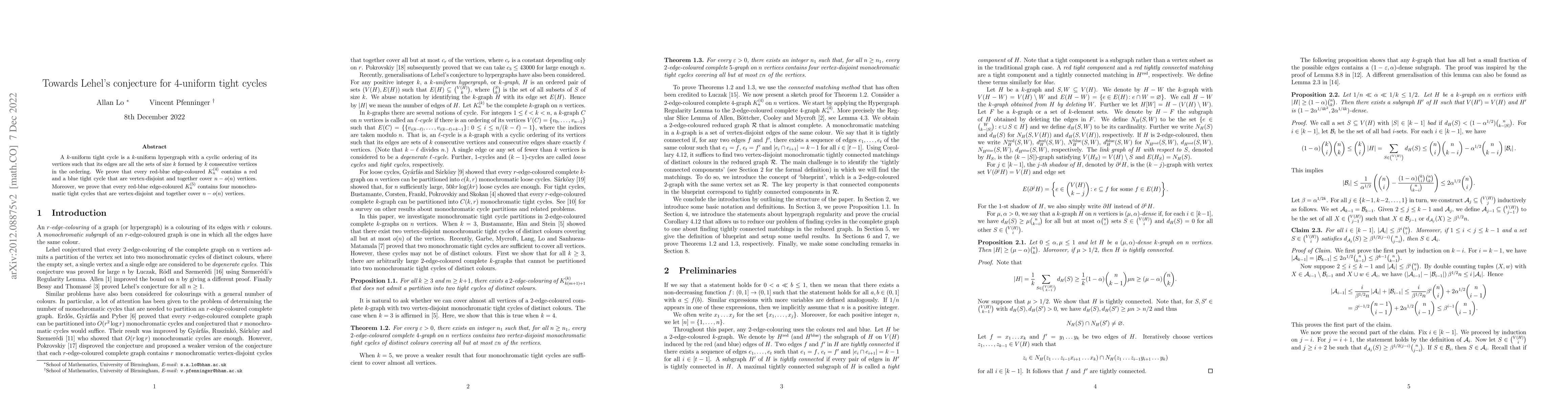 Thumbnail for Towards Lehel's conjecture for 4-uniform tight cycles
