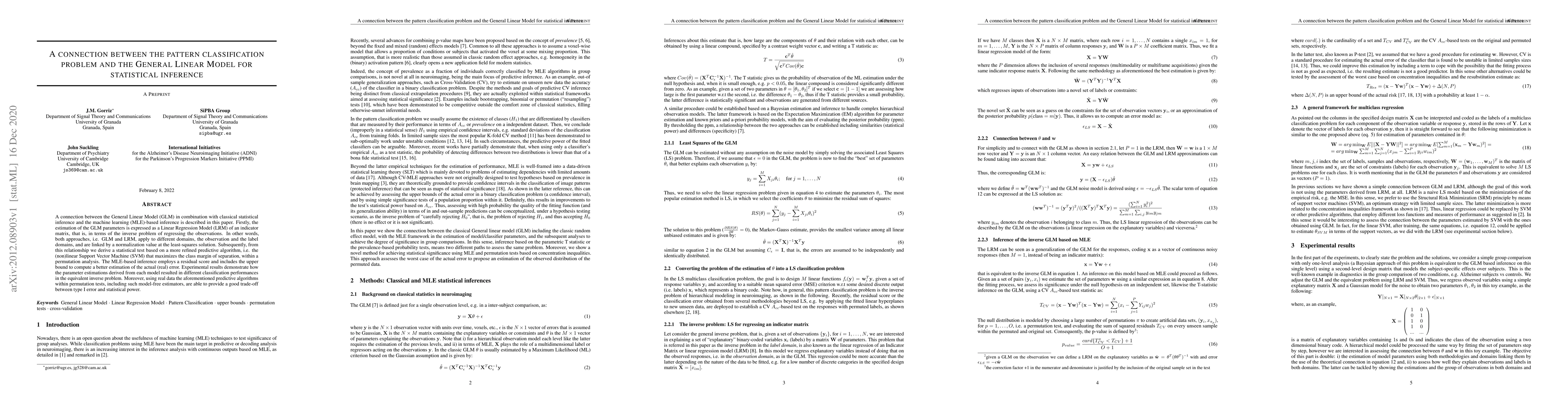 Thumbnail for A connection between the pattern classification problem and the General
  Linear Model for statistical inference