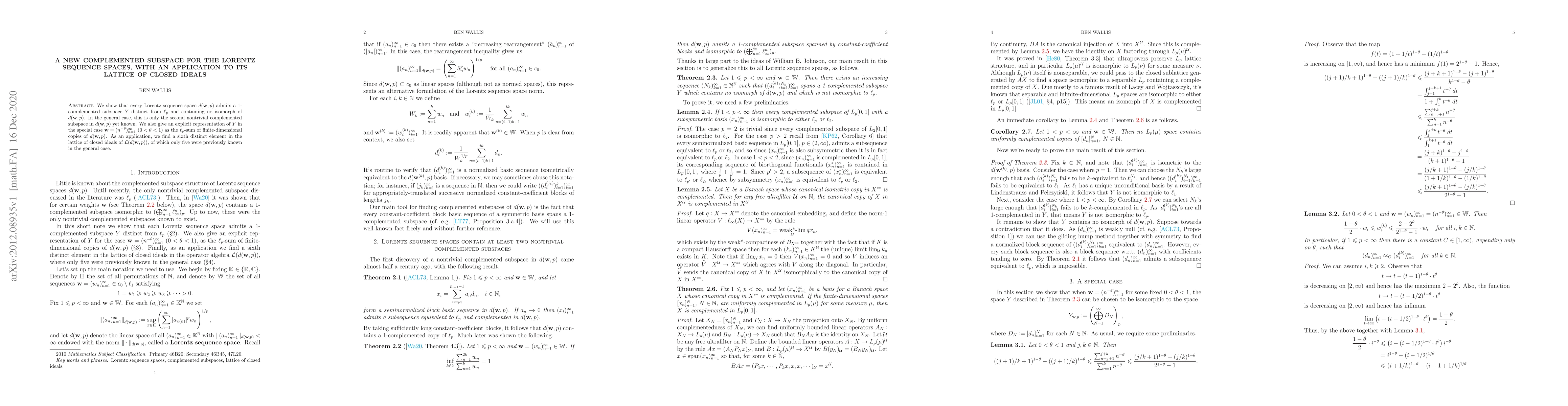 Thumbnail for A new complemented subspace for the Lorentz sequence spaces, with an
  application to its lattice of closed ideals