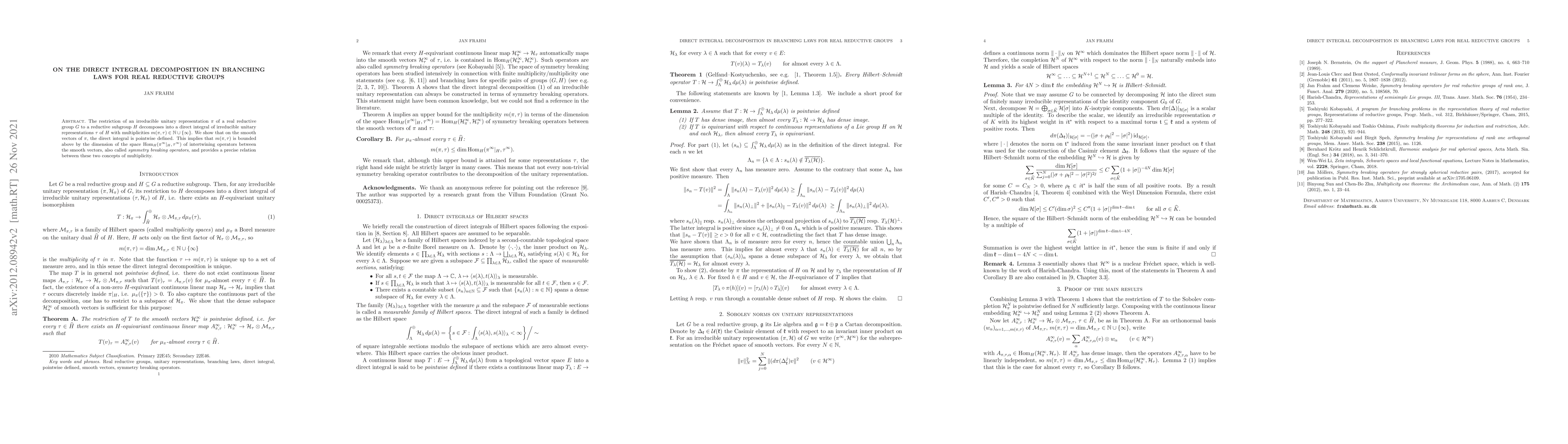Thumbnail for On the direct integral decomposition in branching laws for real
  reductive groups