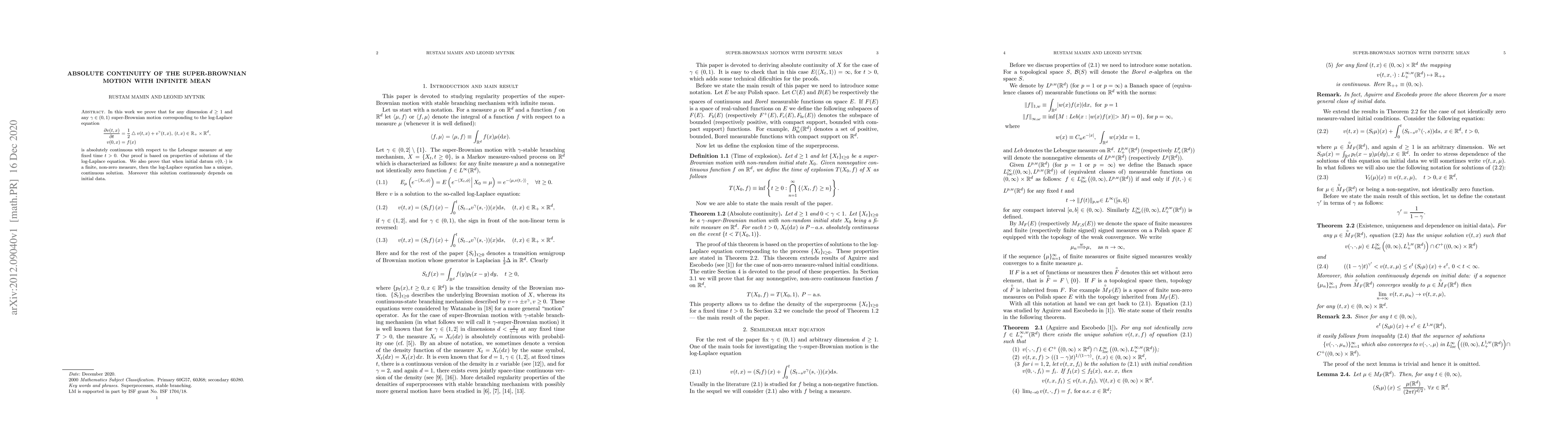 Thumbnail for Absolute continuity of the Super-Brownian motion with infinite mean
