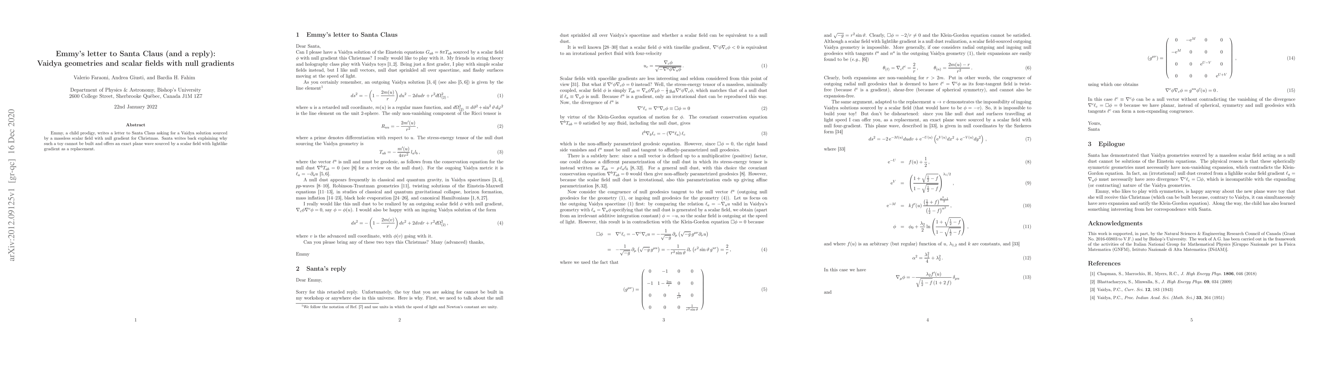 Thumbnail for Emmy's letter to Santa Claus (and a reply): Vaidya geometries and scalar
  fields with null gradients