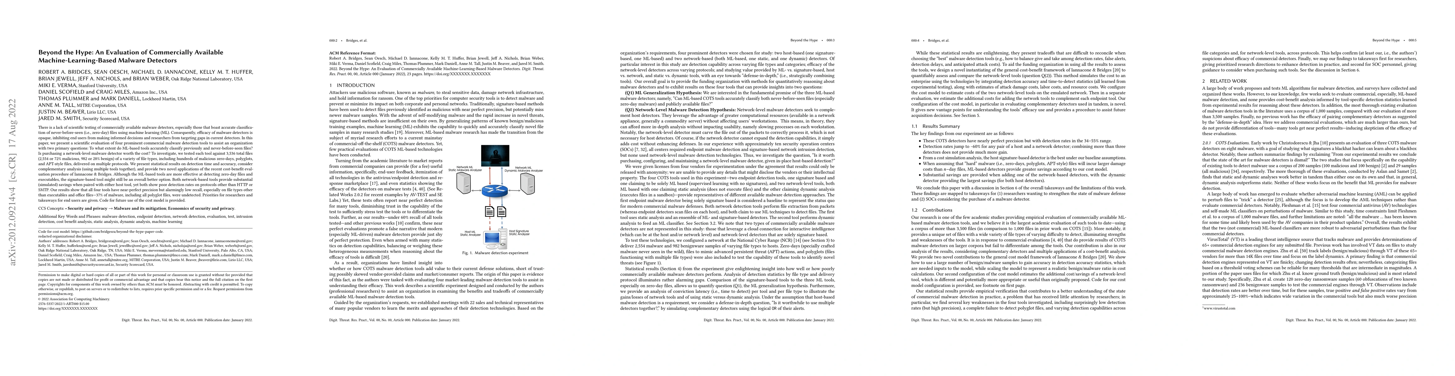 Thumbnail for Beyond the Hype: A Real-World Evaluation of the Impact and Cost of
  Machine Learning-Based Malware Detection