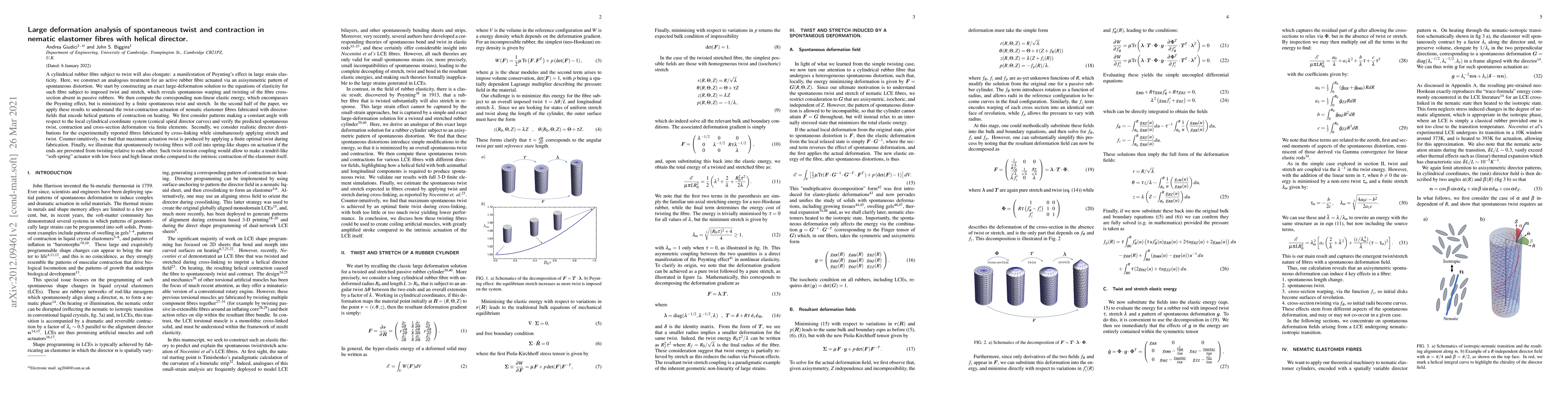 Thumbnail for Large deformation analysis of spontaneous twist and contraction in
  nematic elastomer fibres with helical director