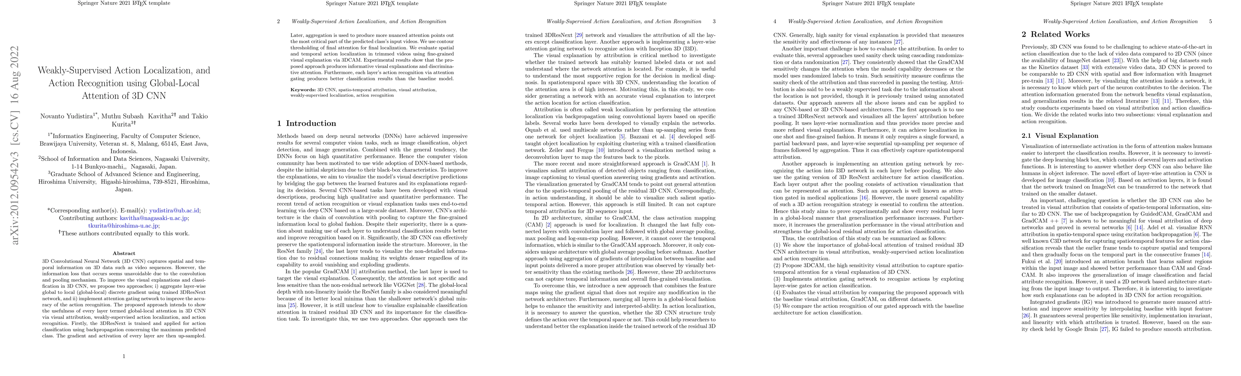 Thumbnail for Weakly-Supervised Action Localization and Action Recognition using
  Global-Local Attention of 3D CNN
