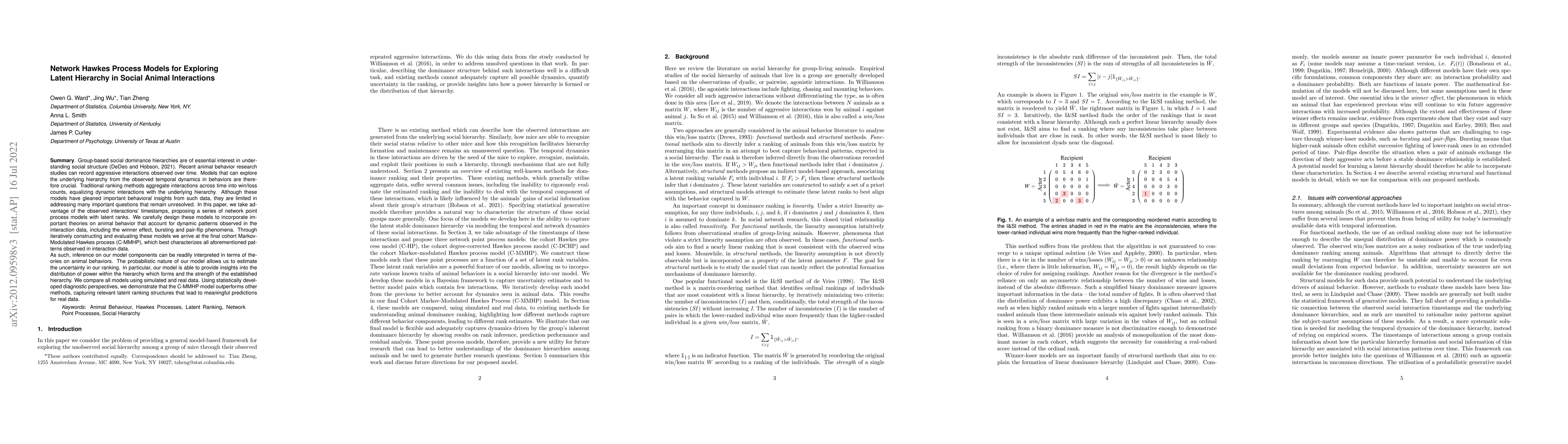 Thumbnail for Network Hawkes Process Models for Exploring Latent Hierarchy in Social
  Animal Interactions