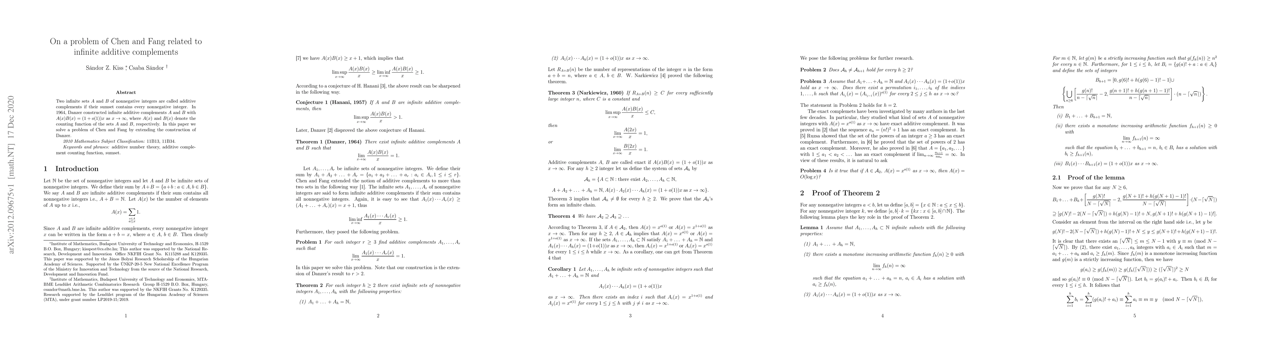 Thumbnail for On a problem of Chen and Fang related to infinite additive complements