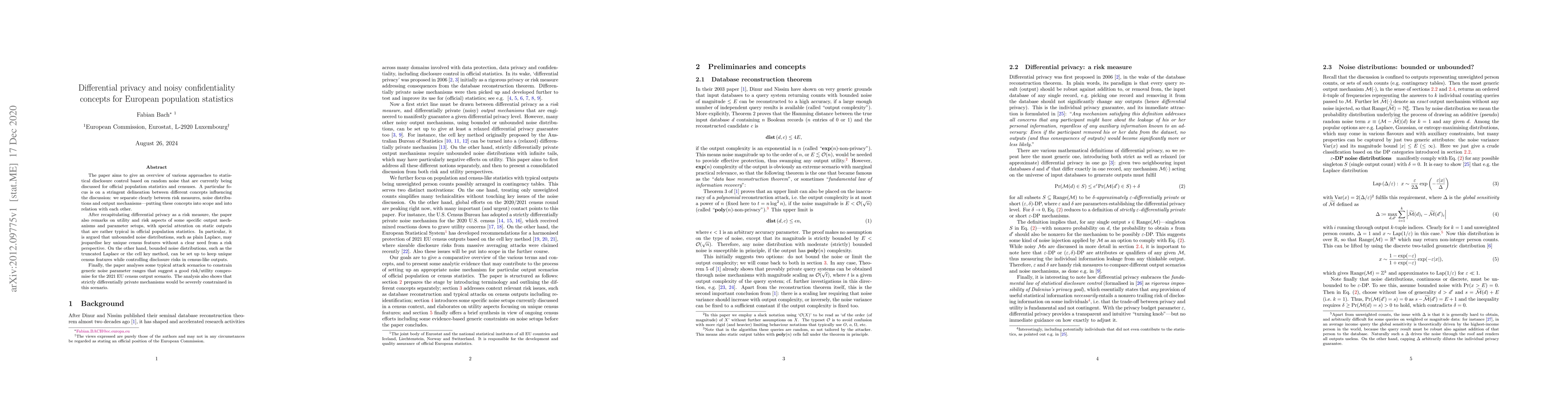 Thumbnail for Differential privacy and noisy confidentiality concepts for European
  population statistics