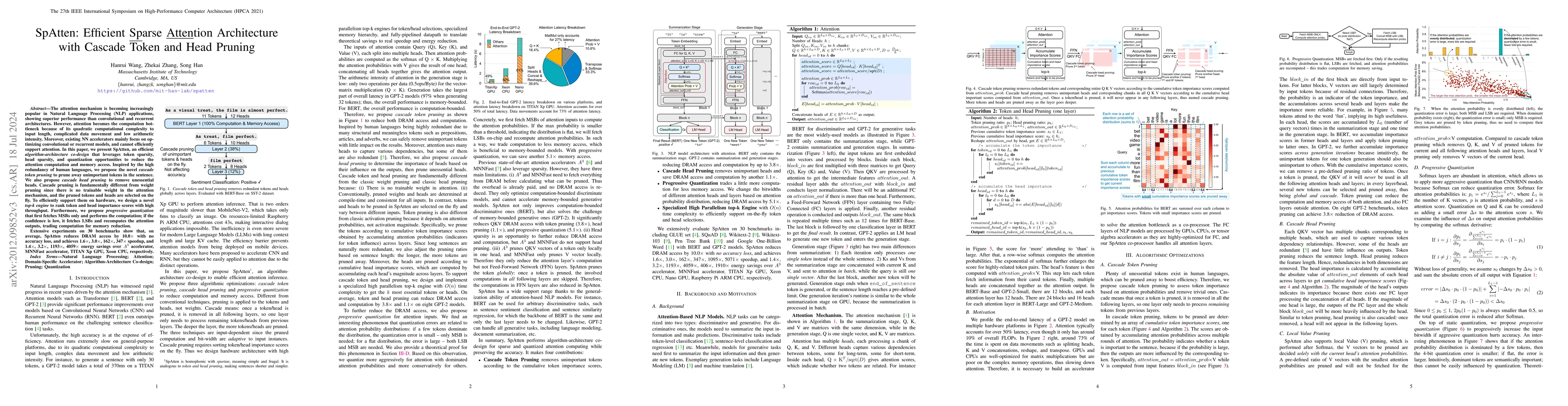 Thumbnail for SpAtten: Efficient Sparse Attention Architecture with Cascade Token and
  Head Pruning