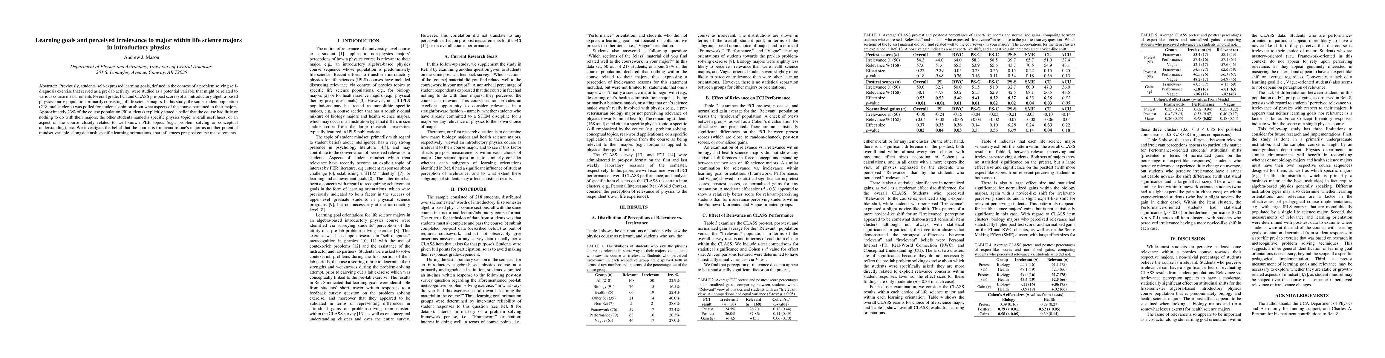 Thumbnail for Learning goals and perceived irrelevance to major within life science
  majors in introductory physics