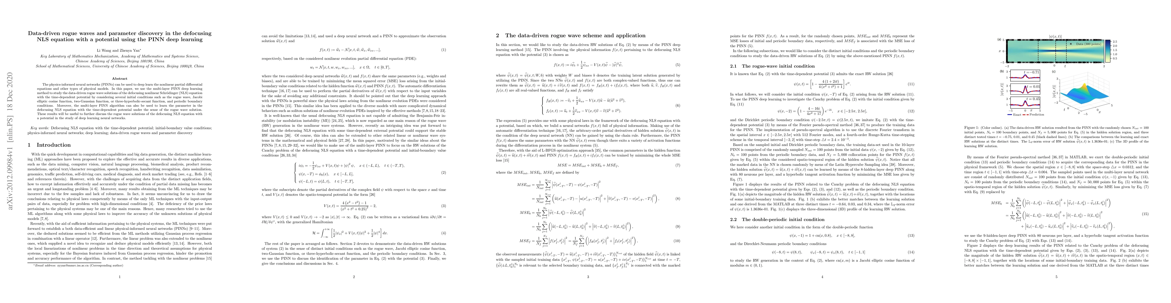 Thumbnail for Data-driven rogue waves and parameter discovery in the defocusing NLS
  equation with a potential using the PINN deep learning