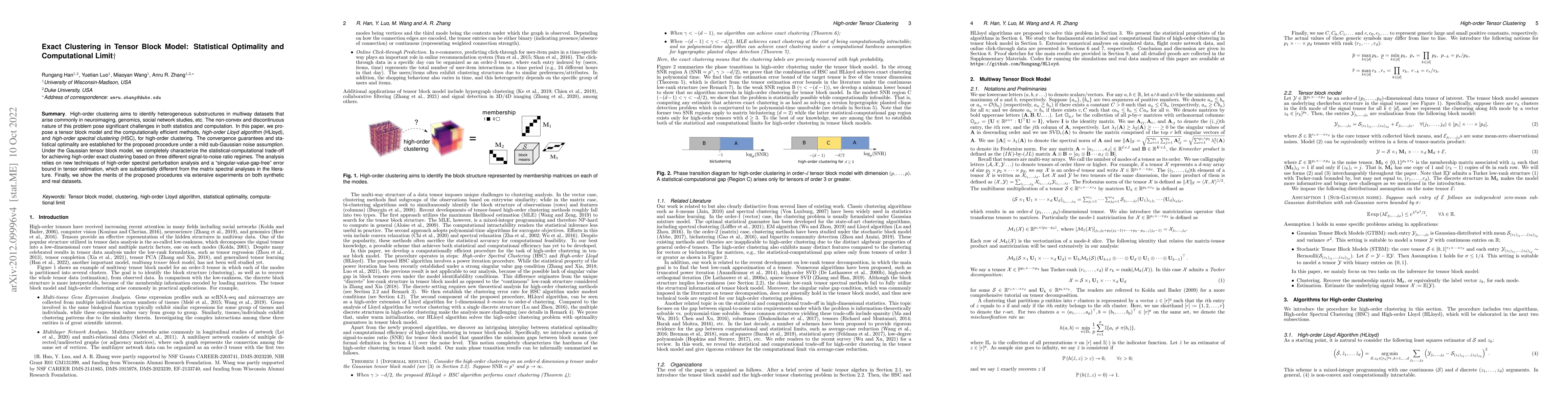 Thumbnail for Exact Clustering in Tensor Block Model: Statistical Optimality and
  Computational Limit
