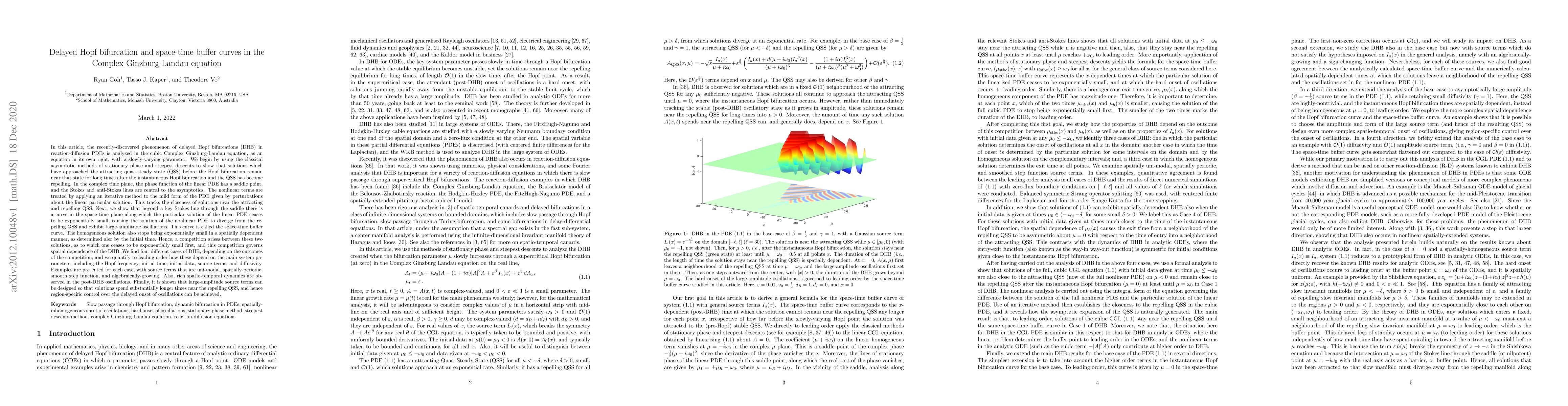 Thumbnail for Delayed Hopf bifurcation and space-time buffer curves in the Complex
  Ginzburg-Landau equation