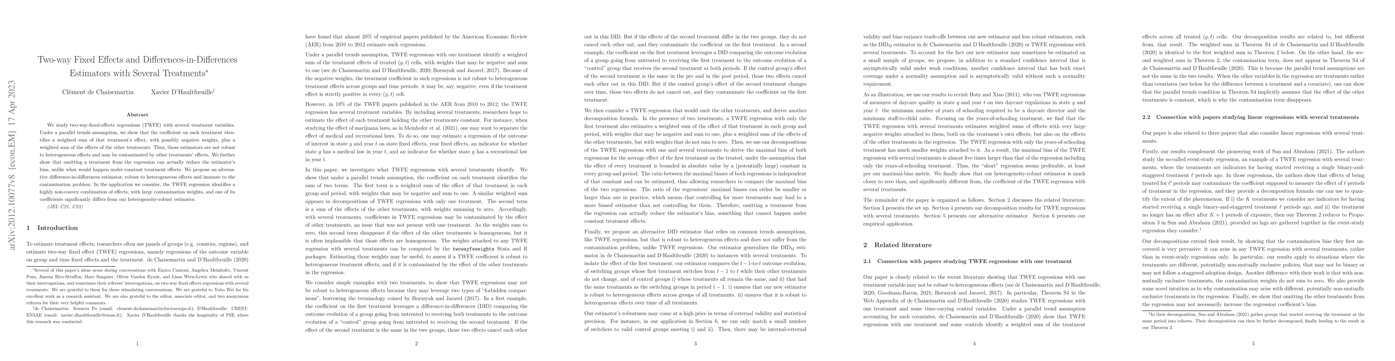 Thumbnail for Two-way Fixed Effects and Differences-in-Differences Estimators with
  Several Treatments