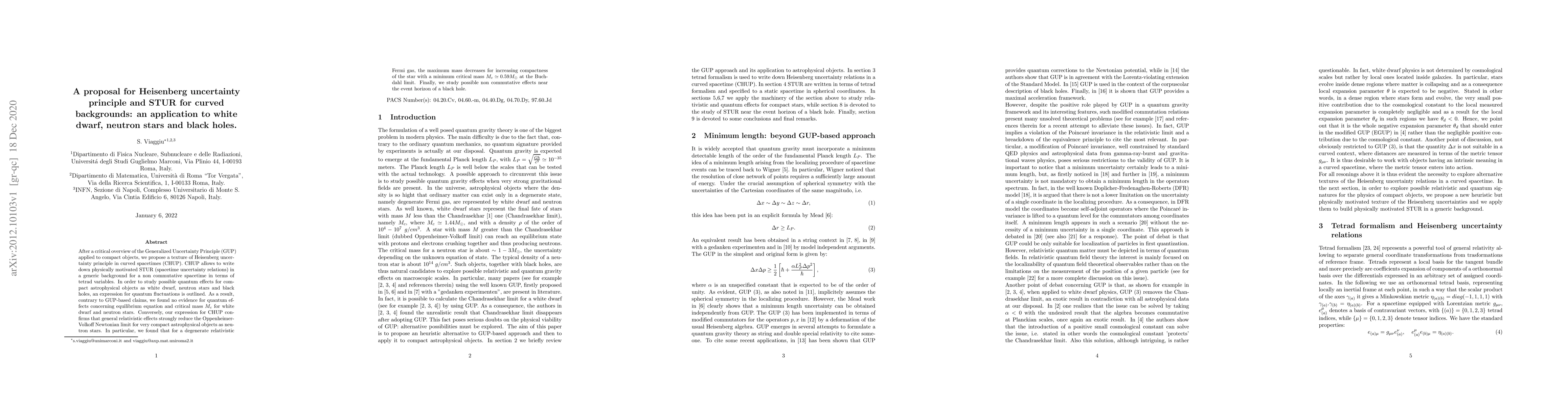 Thumbnail for A proposal for Heisenberg uncertainty principle and STUR for curved
  backgrounds: an application to white dwarf, neutron stars and black holes