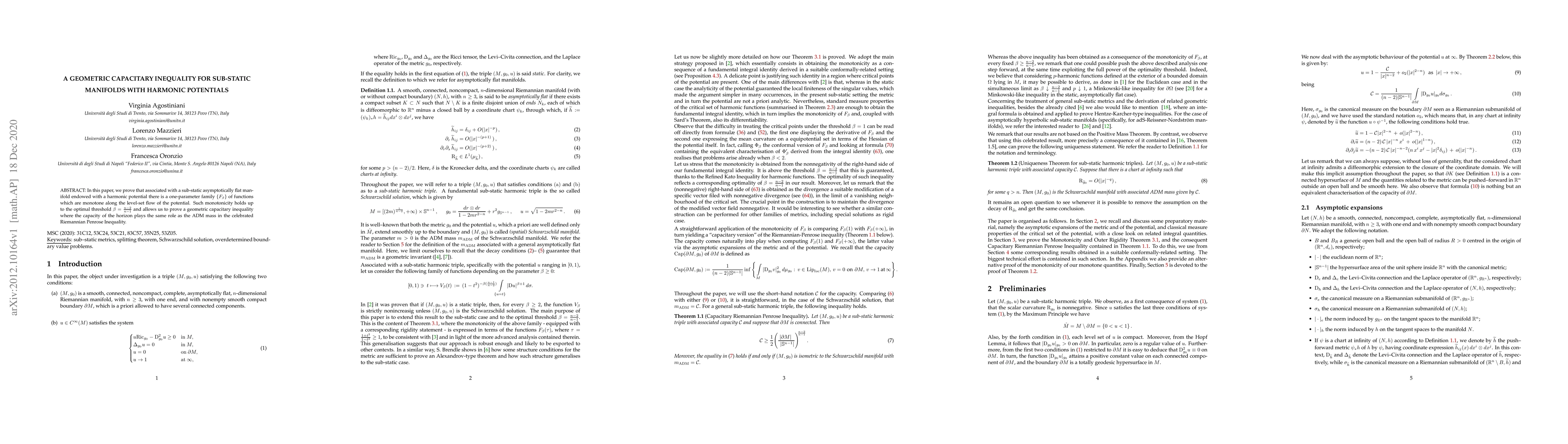 Thumbnail for A geometric capacitary inequality for sub-static manifolds with harmonic
  potentials