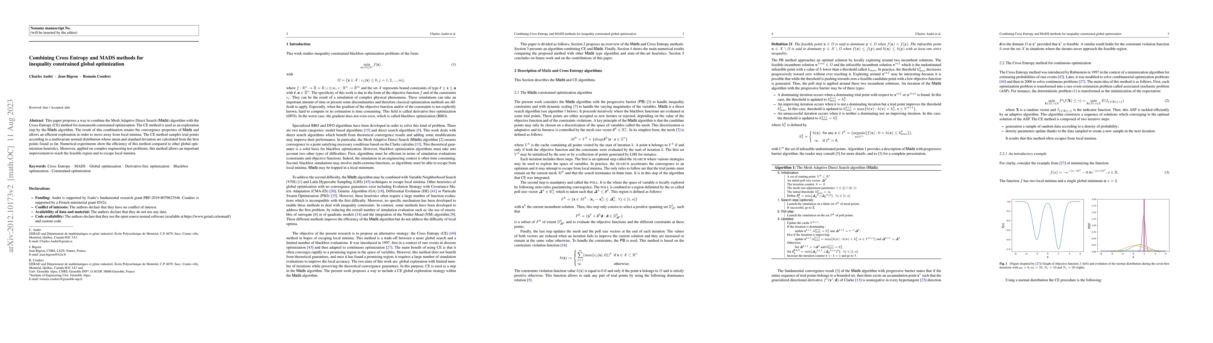 Thumbnail for Combining Cross Entropy and MADS methods for inequality constrained
  global optimization