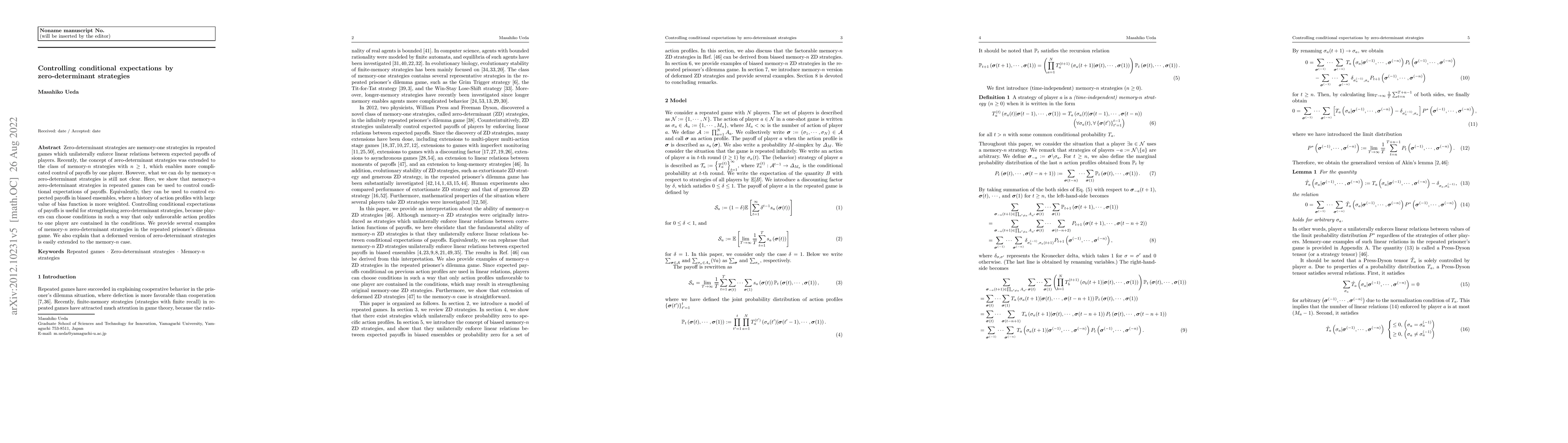 Thumbnail for Controlling conditional expectations by zero-determinant strategies