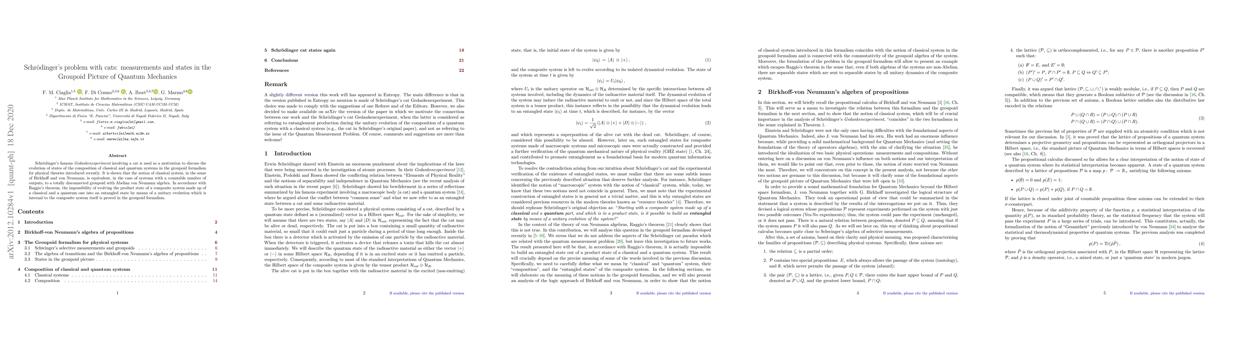 Thumbnail for Schr\"{o}dinger's problem with cats: measurements and states in the
  Groupoid Picture of Quantum Mechanics