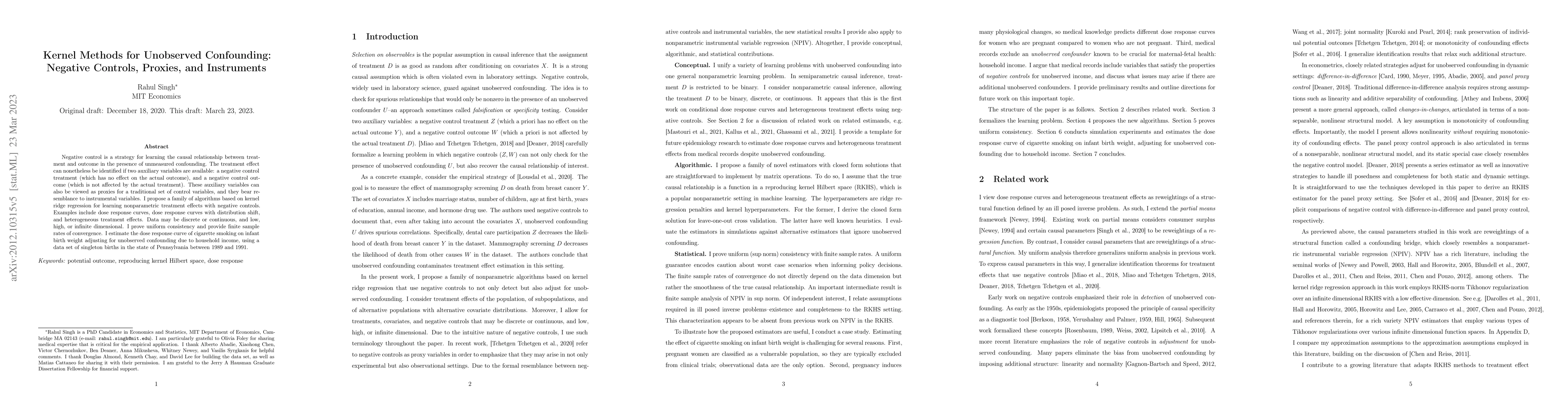 Thumbnail for Kernel Methods for Unobserved Confounding: Negative Controls, Proxies,
  and Instruments