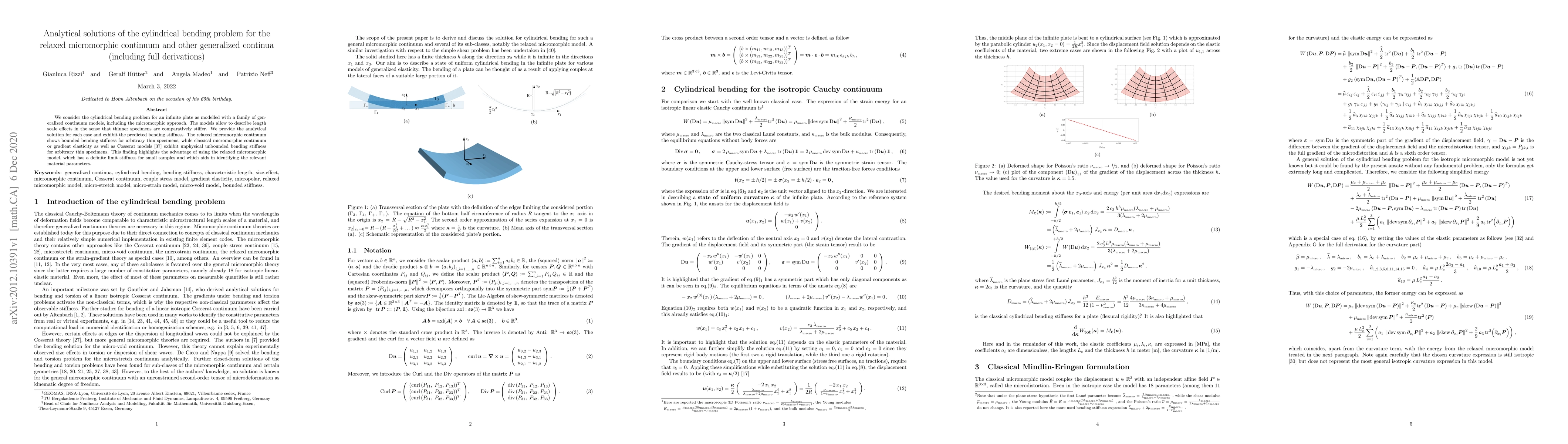 Thumbnail for Analytical solutions of the cylindrical bending problem for the relaxed
  micromorphic continuum and other generalized continua (including full
  derivations)