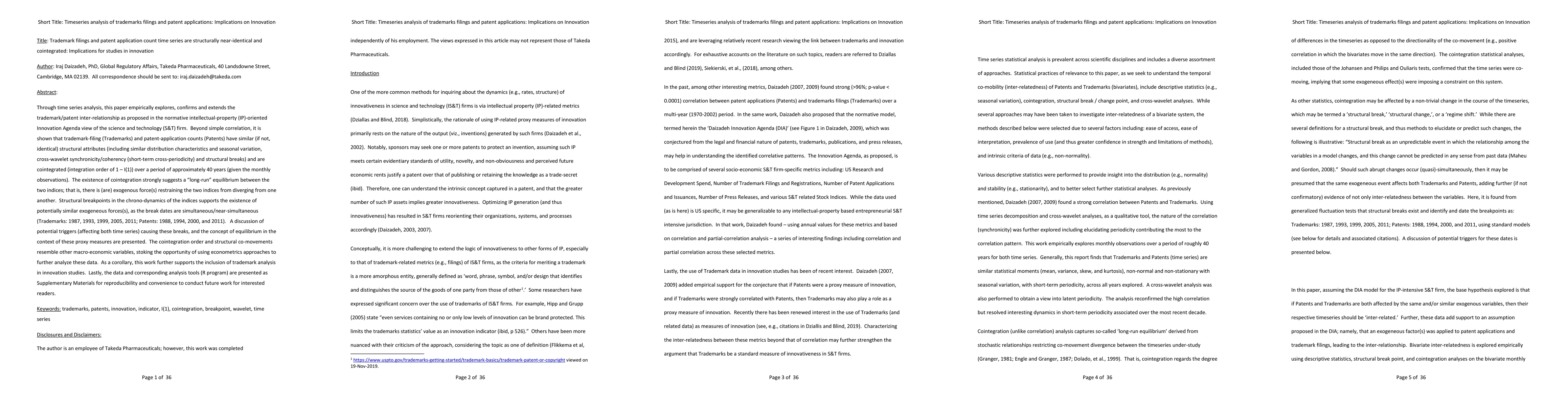Thumbnail for Trademark filings and patent application count time series are
  structurally near-identical and cointegrated: Implications for studies in
  innovation