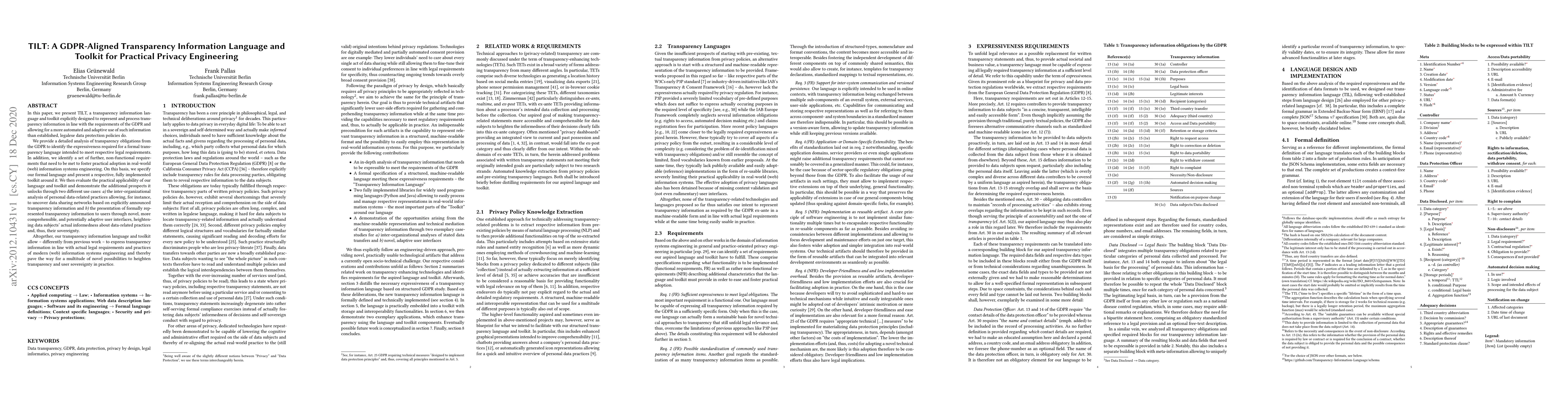 Thumbnail for TILT: A GDPR-Aligned Transparency Information Language and Toolkit for
  Practical Privacy Engineering