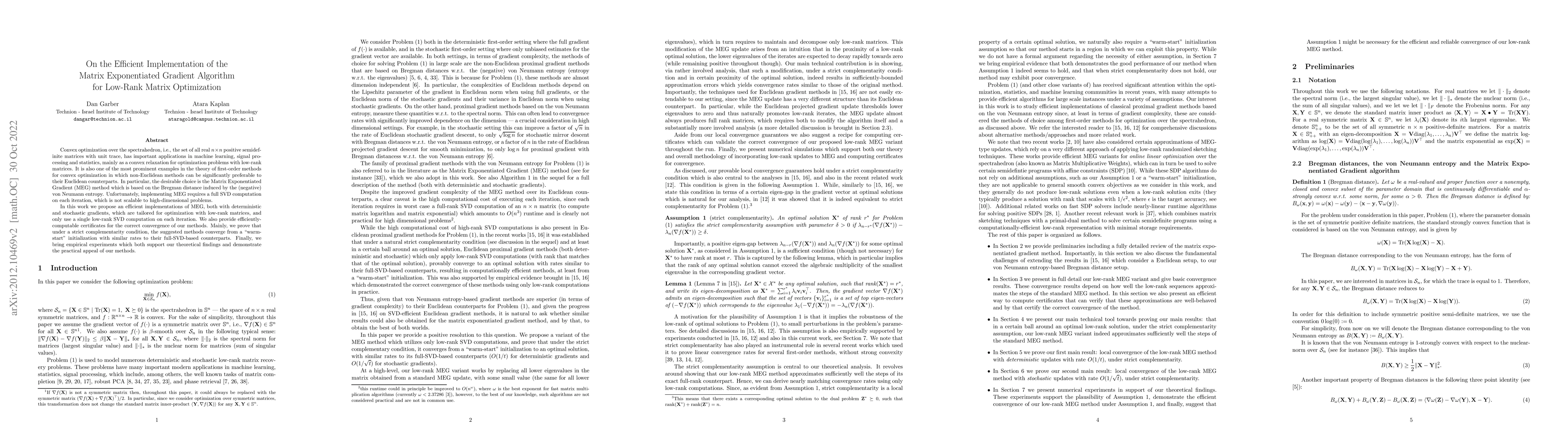 Thumbnail for On the Efficient Implementation of the Matrix Exponentiated Gradient
  Algorithm for Low-Rank Matrix Optimization