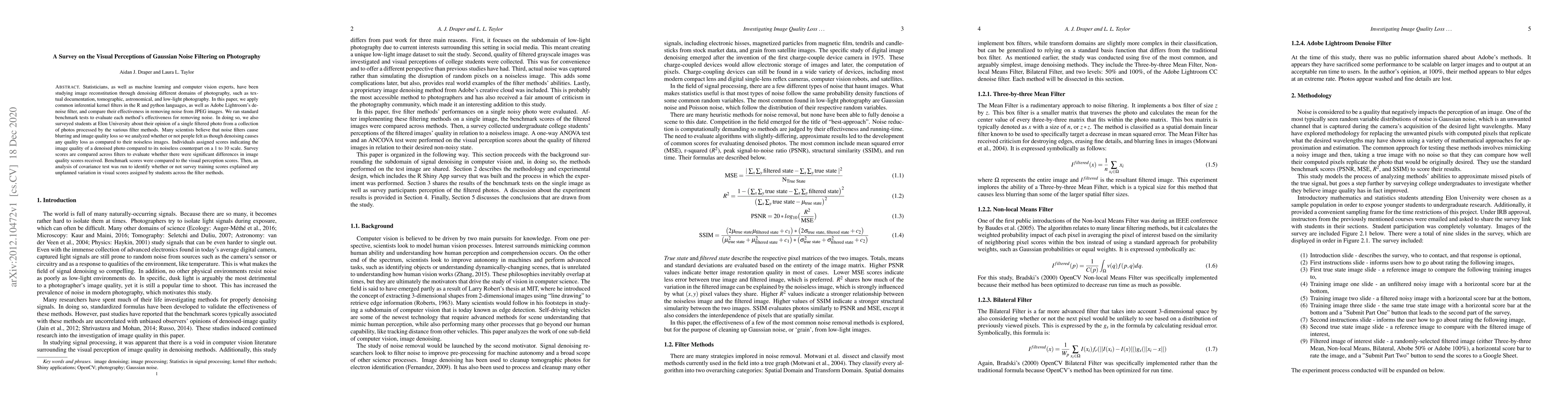 Thumbnail for A Survey on the Visual Perceptions of Gaussian Noise Filtering on
  Photography