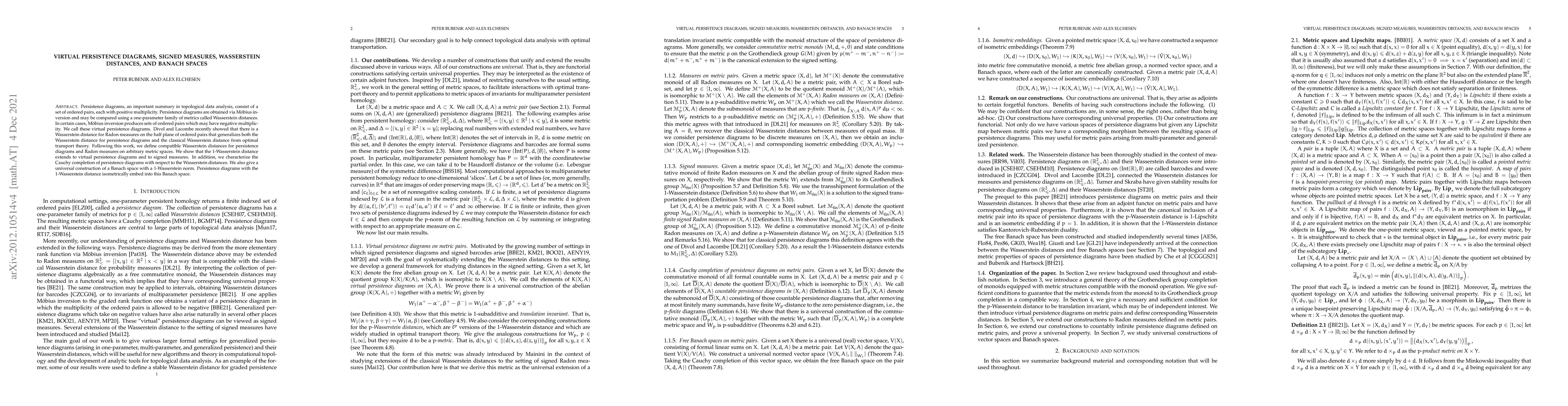 Thumbnail for Virtual persistence diagrams, signed measures, Wasserstein distances,
  and Banach spaces