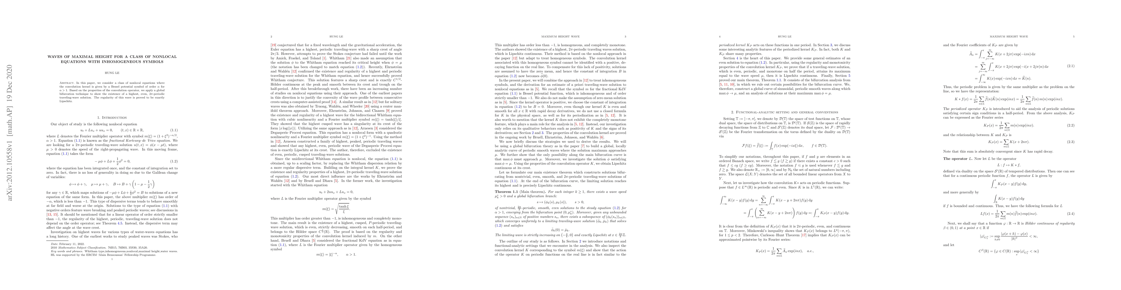 Thumbnail for Waves of maximal height for a class of nonlocal equations with
  inhomogeneous symbols