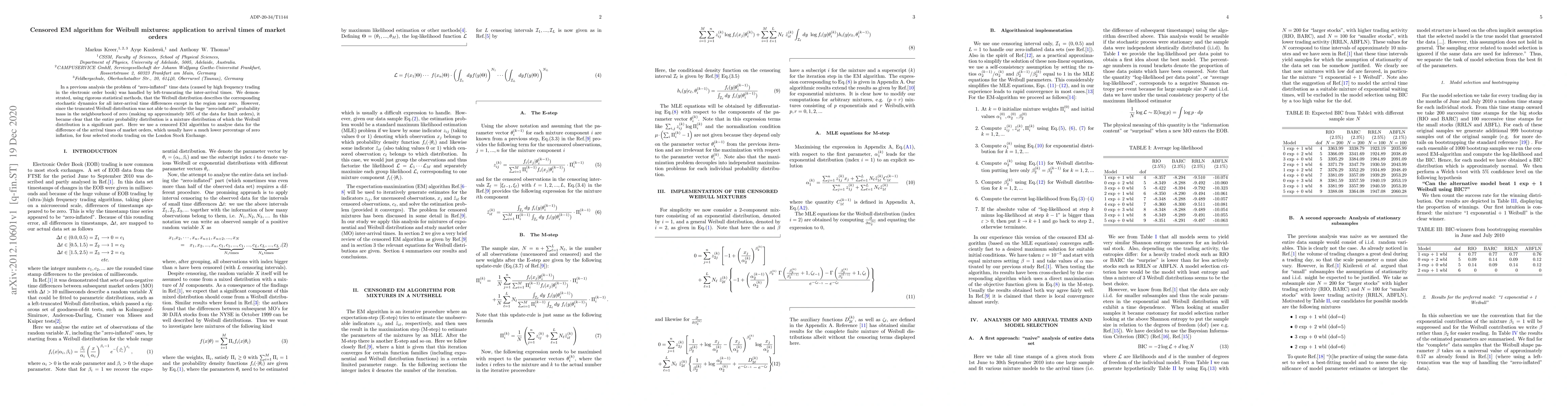 Thumbnail for Censored EM algorithm for Weibull mixtures: application to arrival times
  of market orders