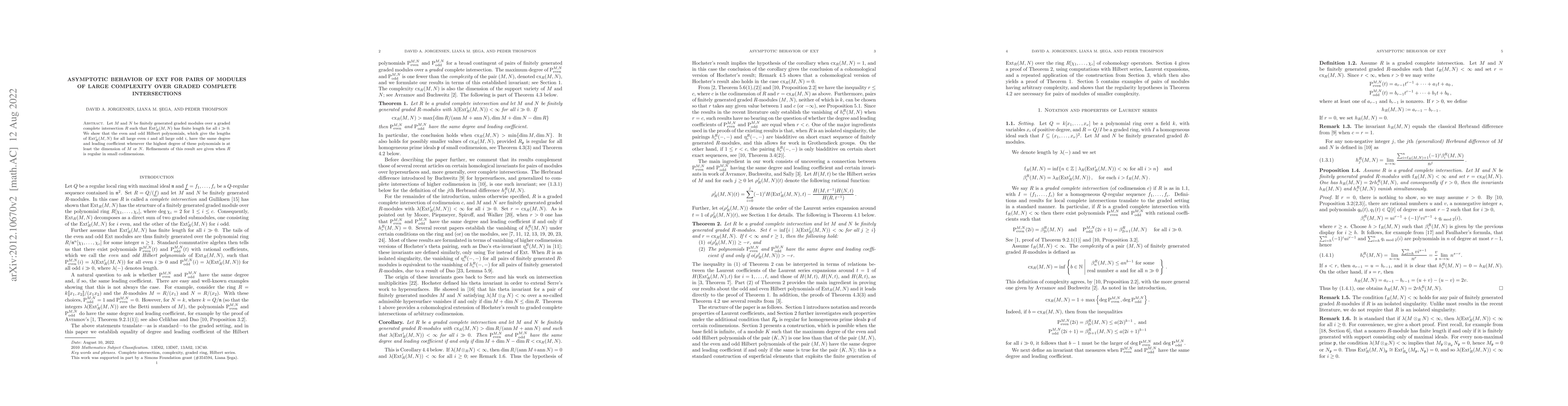 Thumbnail for Asymptotic behavior of Ext for pairs of modules of large complexity over
  graded complete intersections