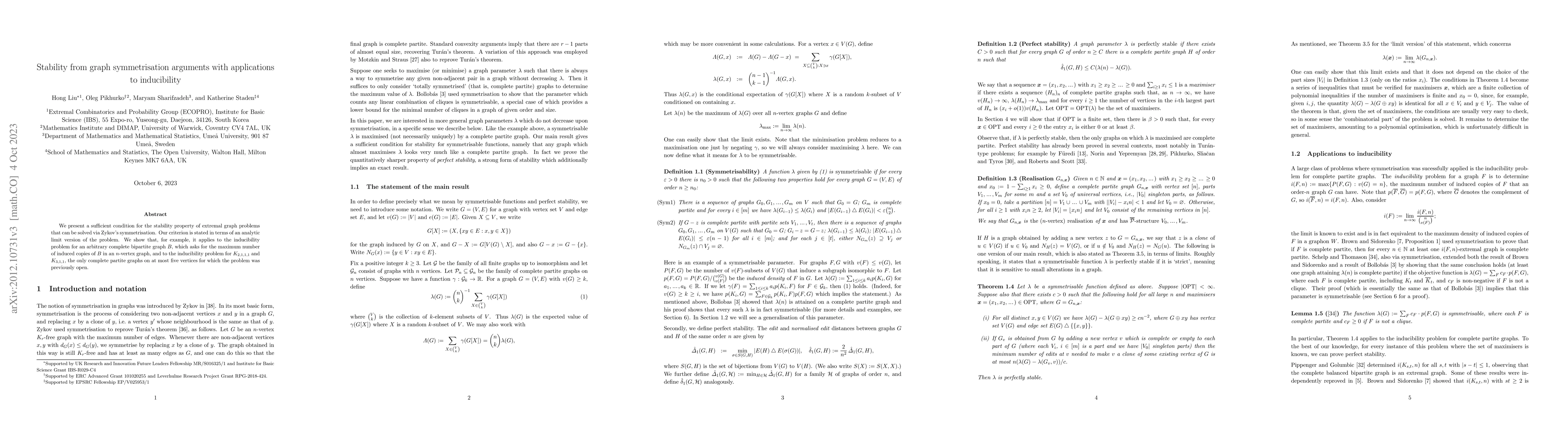 Thumbnail for Stability from graph symmetrisation arguments with applications to
  inducibility