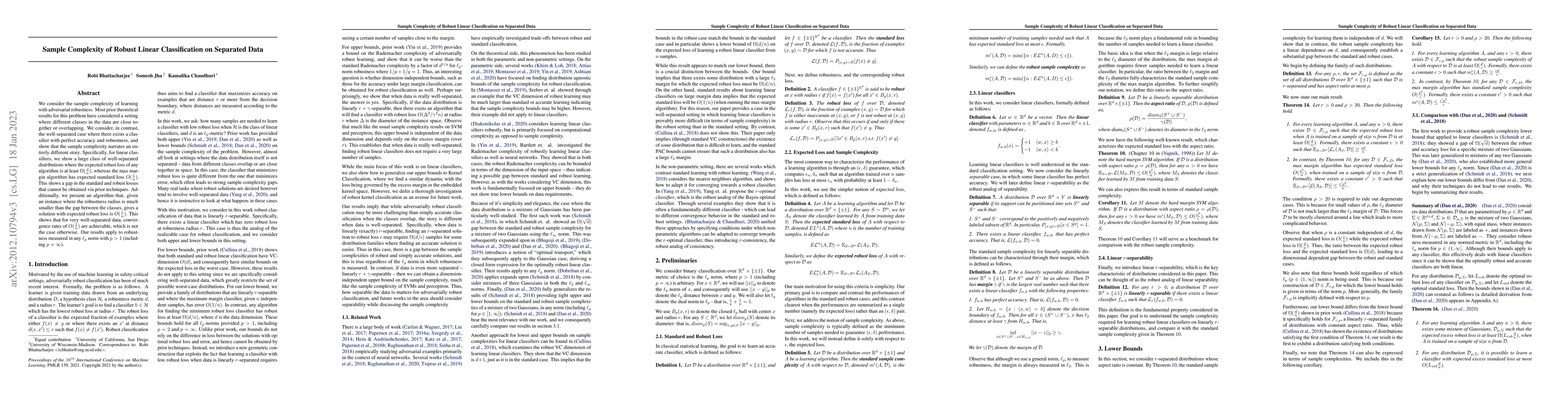 Thumbnail for Sample Complexity of Adversarially Robust Linear Classification on
  Separated Data