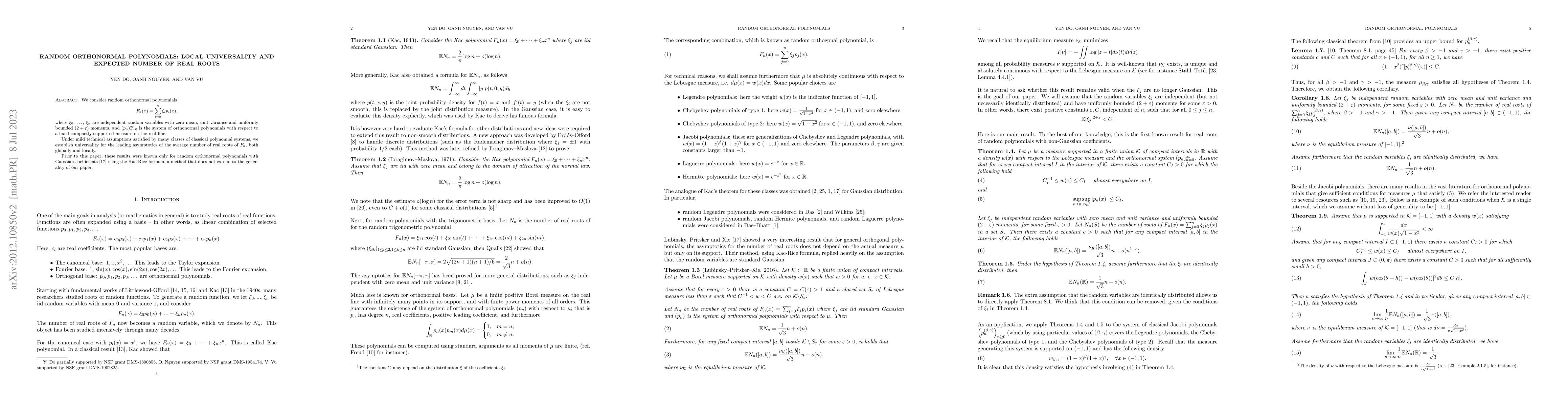 Thumbnail for Random orthonormal polynomials: local universality and expected number
  of real roots