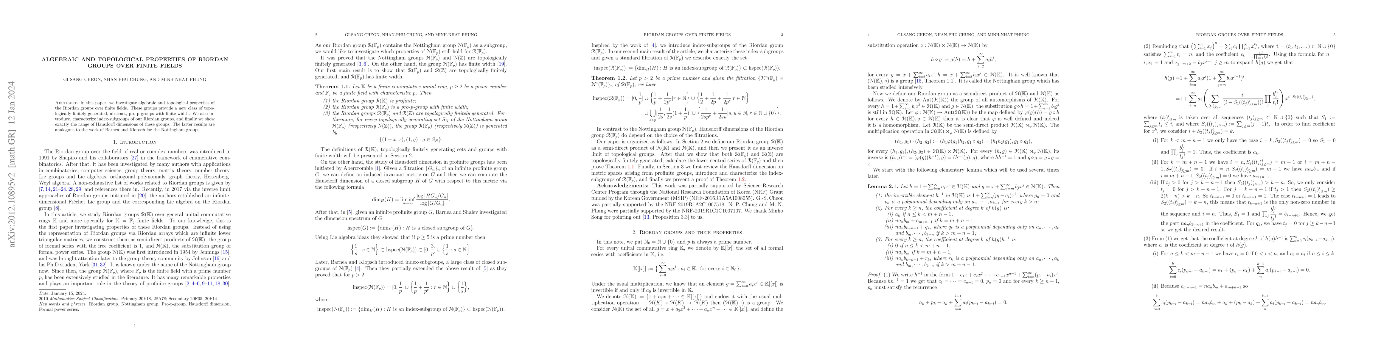 Thumbnail for Algebraic and topological properties of Riordan groups over finite
  fields