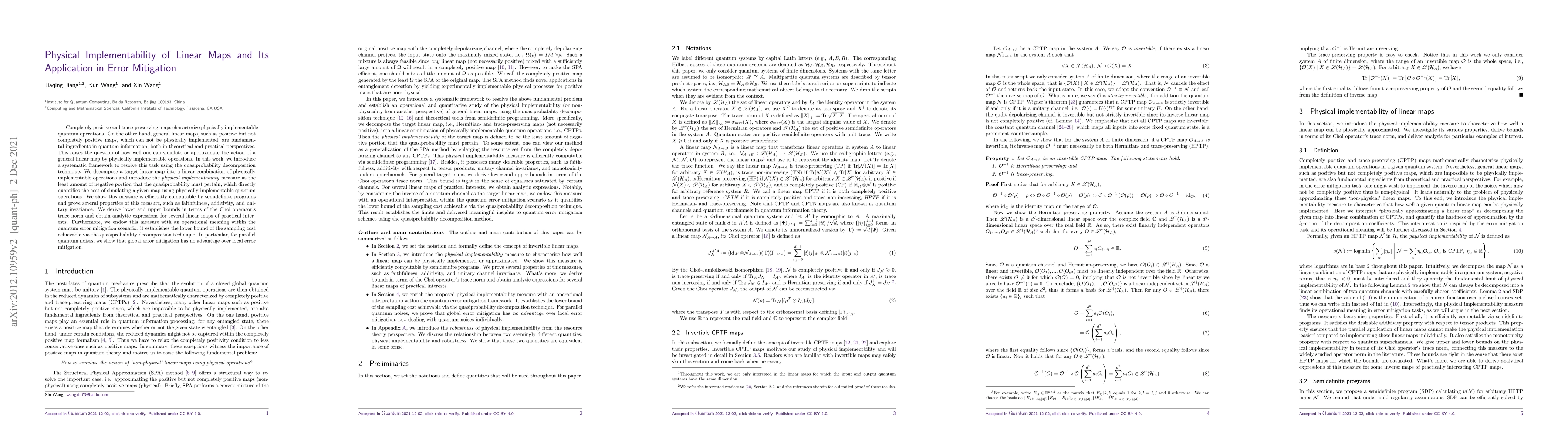 Thumbnail for Physical Implementability of Linear Maps and Its Application in Error
  Mitigation