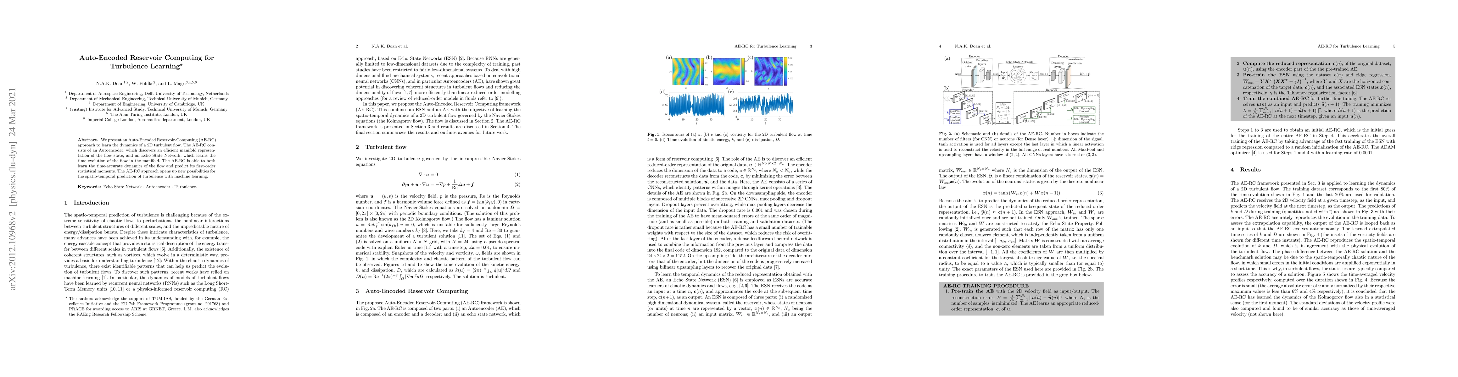 Thumbnail for Auto-Encoded Reservoir Computing for Turbulence Learning