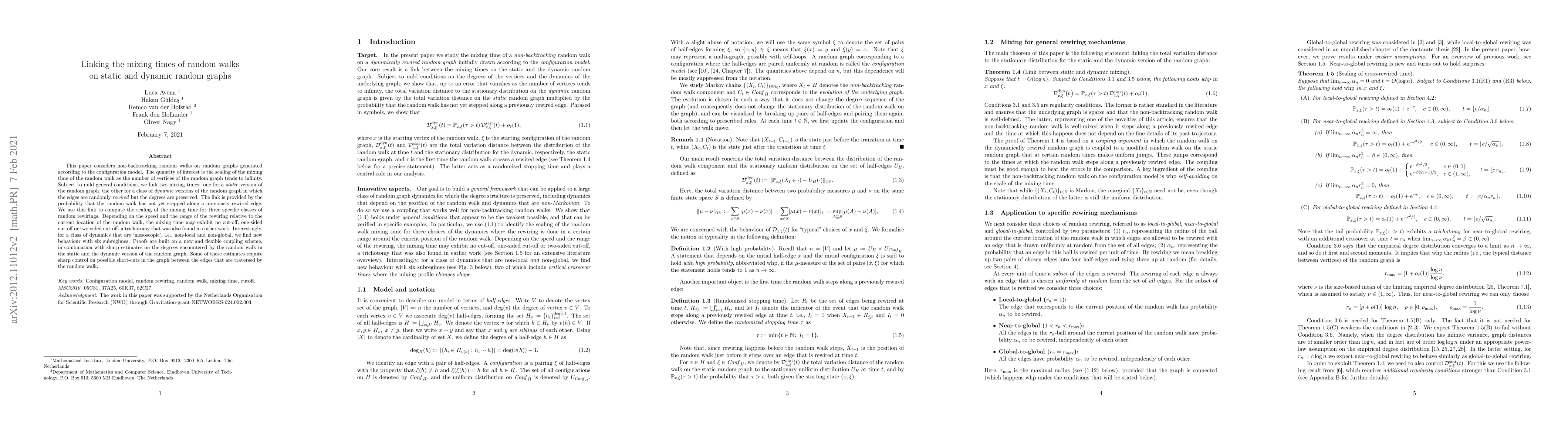 Thumbnail for Linking the mixing times of random walks on static and dynamic random
  graphs