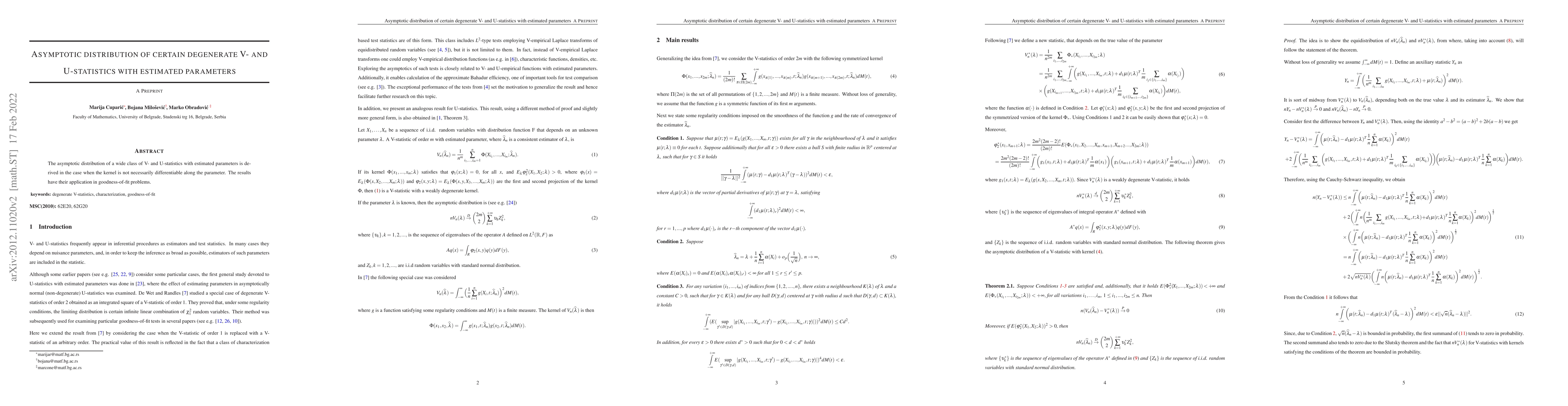 Thumbnail for Asymptotic distribution of certain degenerate V- and U-statistics with
  estimated parameters