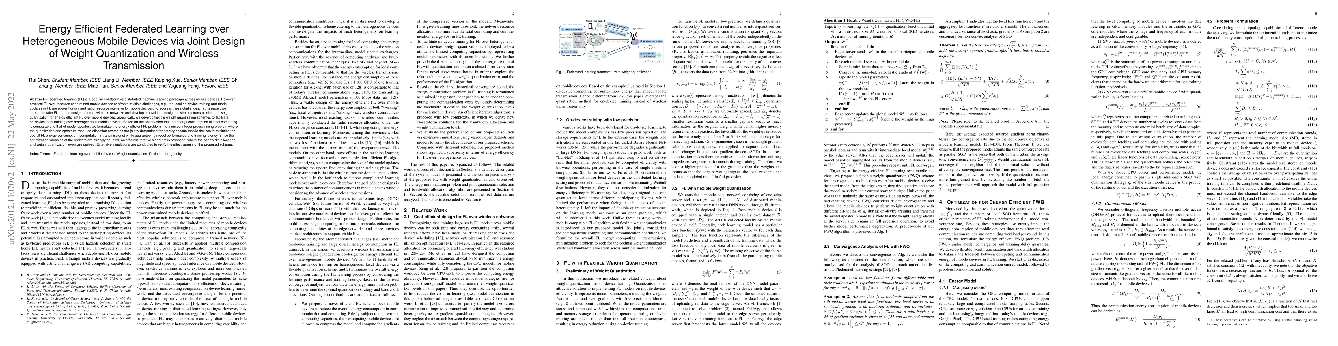 Thumbnail for Energy Efficient Federated Learning over Heterogeneous Mobile Devices
  via Joint Design of Weight Quantization and Wireless Transmission