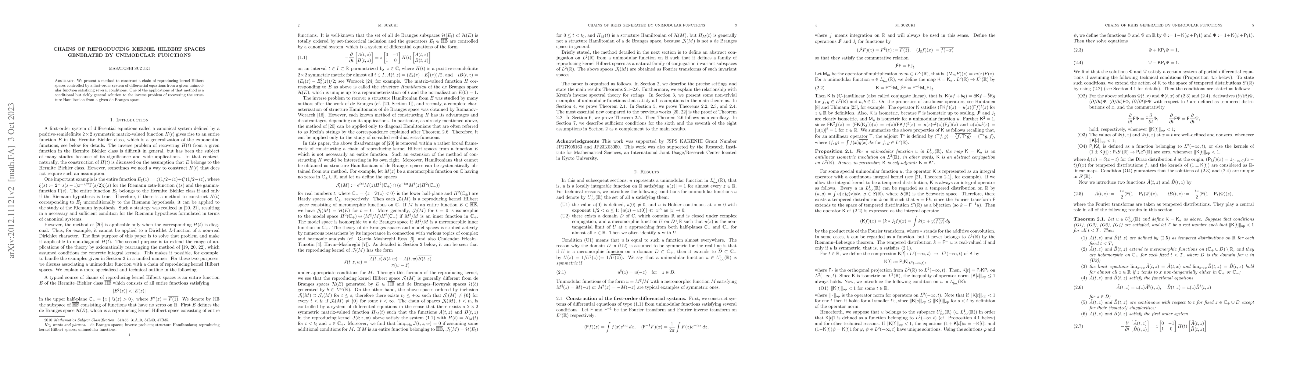 Thumbnail for Chains of reproducing kernel Hilbert spaces generated by unimodular
  functions