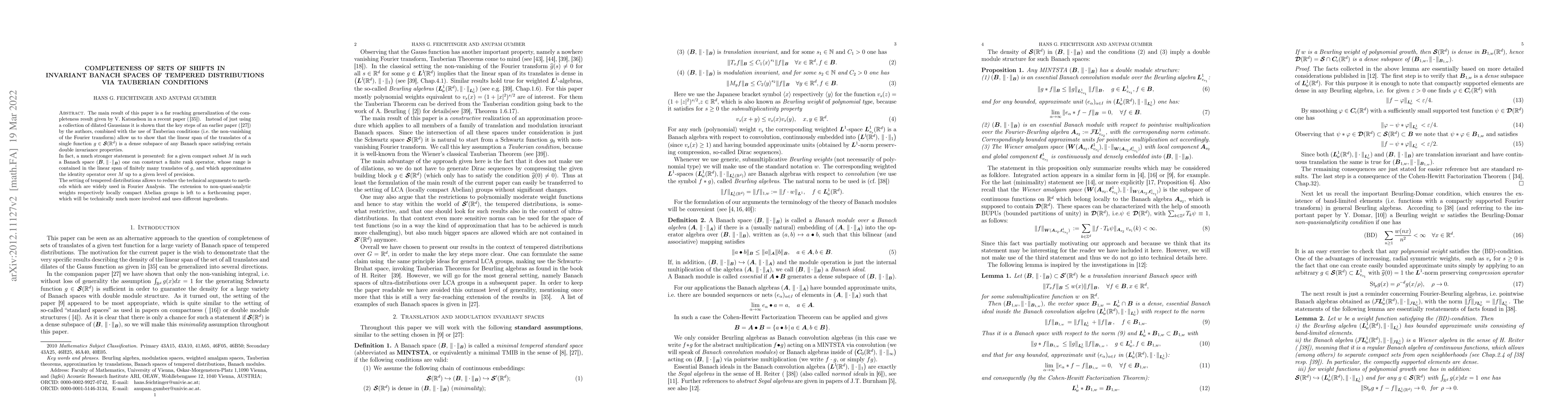 Thumbnail for Completeness of Sets of Shifts in Invariant Banach Spaces of Tempered
  Distributions via Tauberian conditions