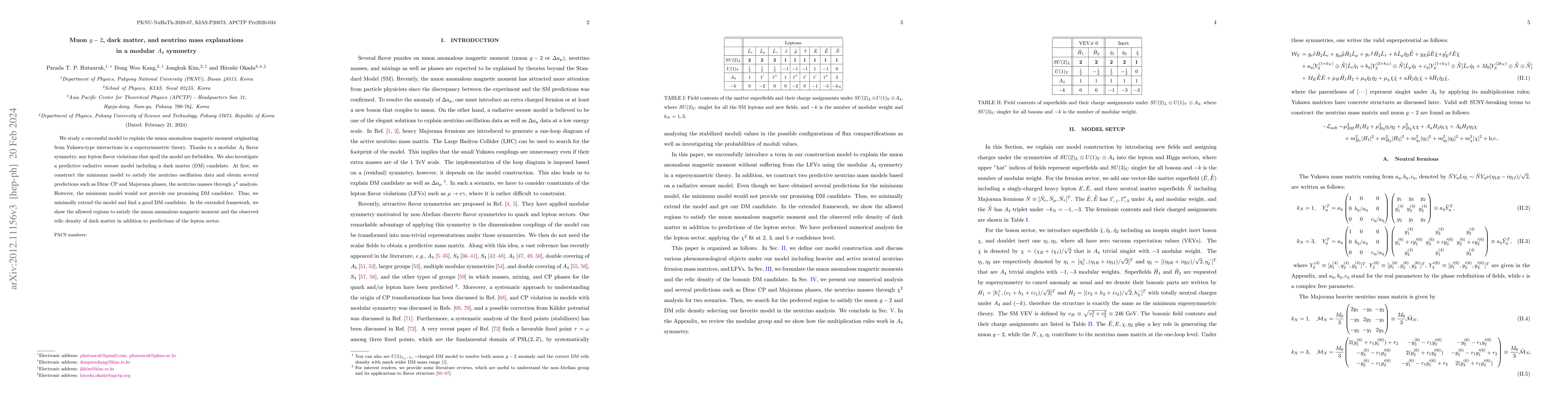 Thumbnail for Muon $g-2$, dark matter, and neutrino mass explanations in a modular
  $A_4$ symmetry