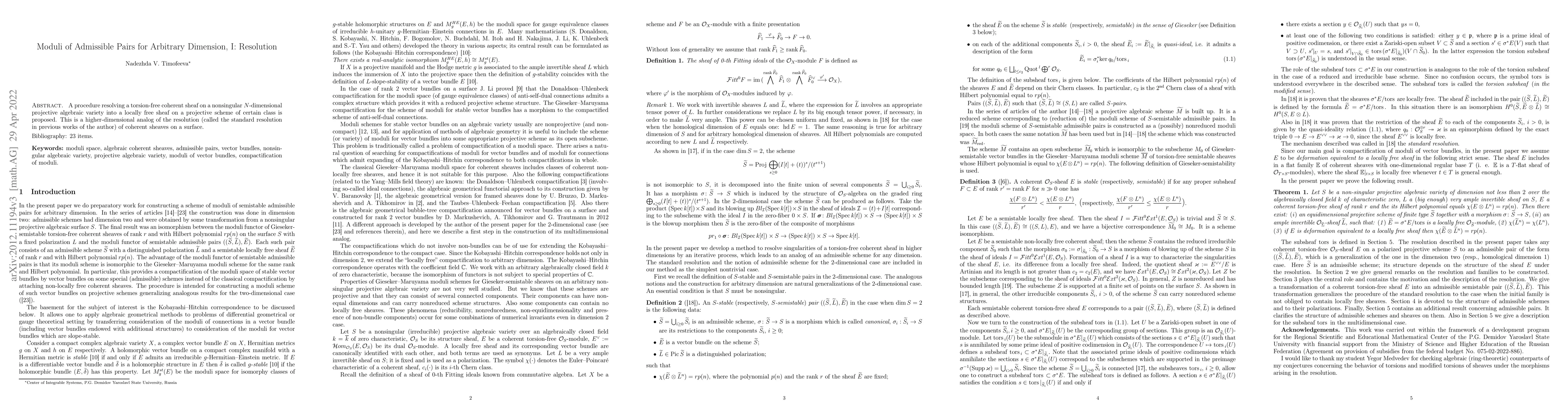 Thumbnail for Moduli of Admissible Pairs for Arbitrary Dimension, I: Resolution