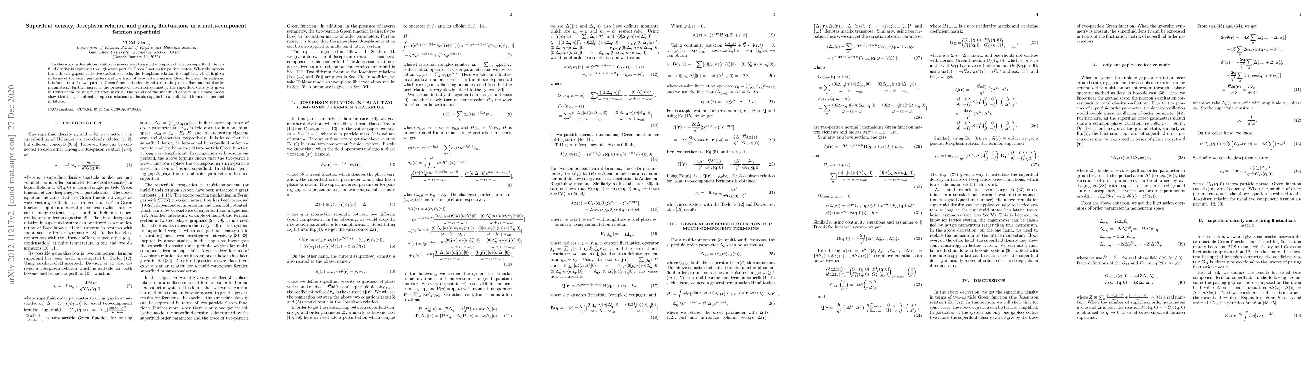 Thumbnail for Superfluid density, Josephson relation and pairing fluctuations in a
  multi-component fermion superfluid
