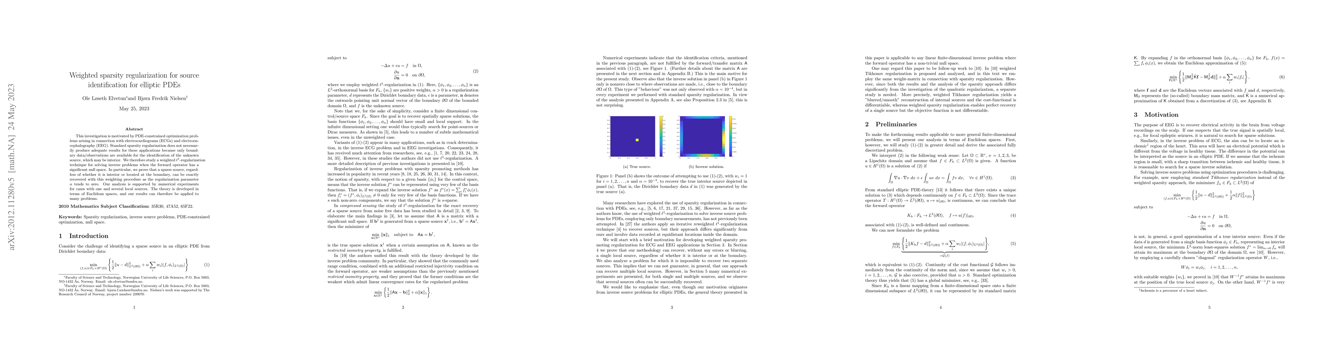 Thumbnail for Weighted sparsity regularization for source identification for elliptic
  PDEs