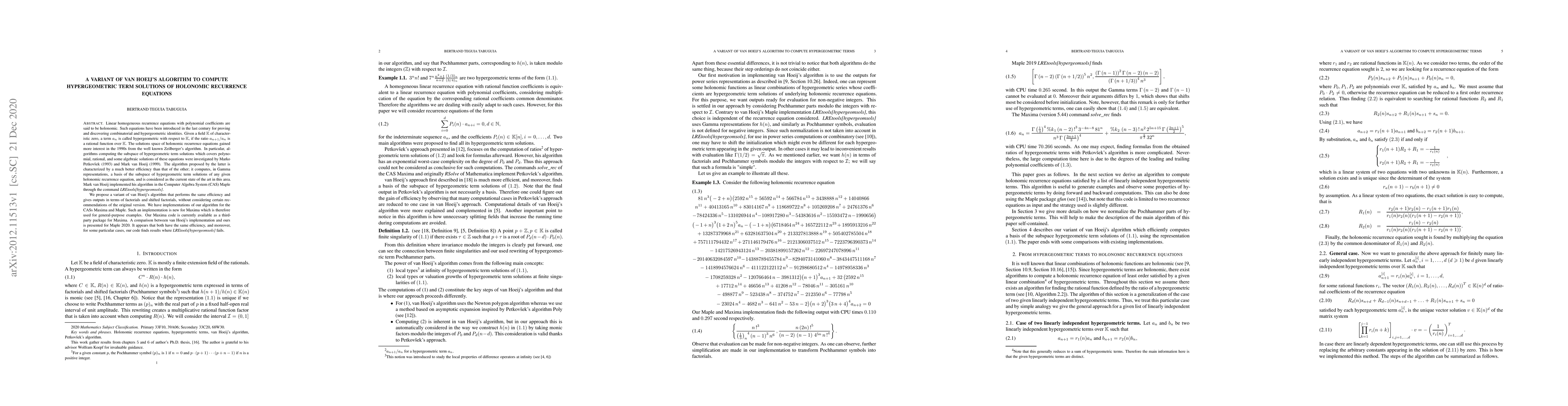 Thumbnail for A variant of van Hoeij's algorithm to compute hypergeometric term
  solutions of holonomic recurrence equations